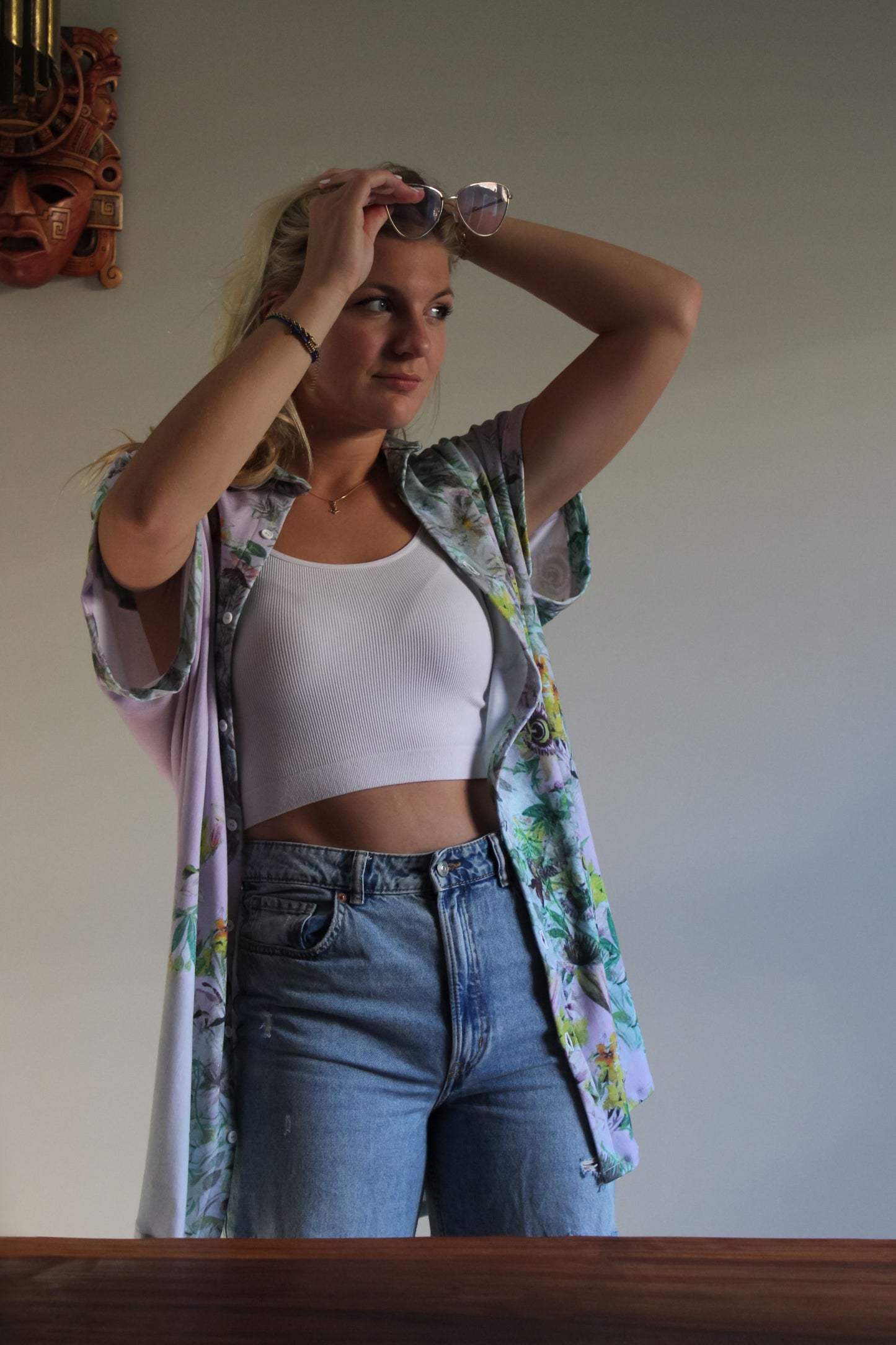 A model wearing the Lilac Blouse, highlighting its relaxed and stylish fit.