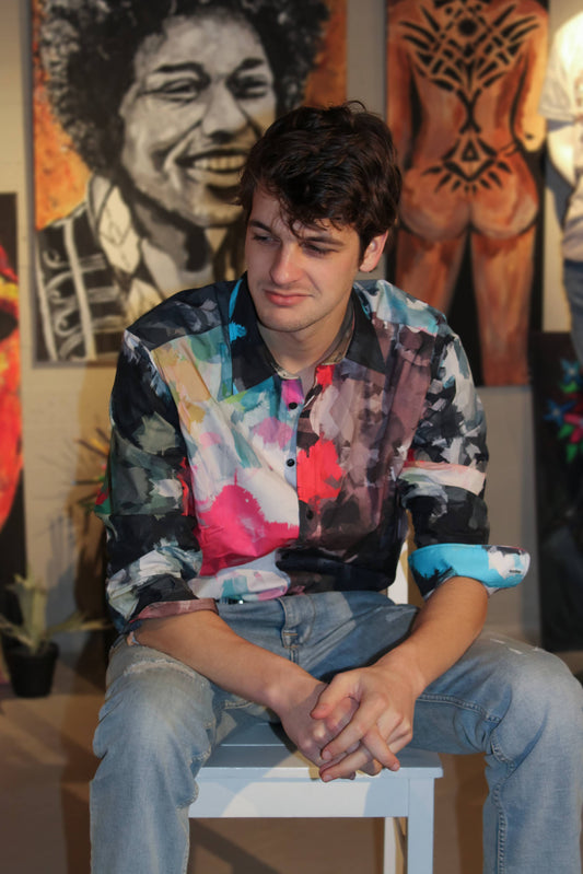 This image showcases the eye-catching and unique design of our Vibrant Strokes Men's Button-Up Shirt, featuring a colorful and dynamic pattern.