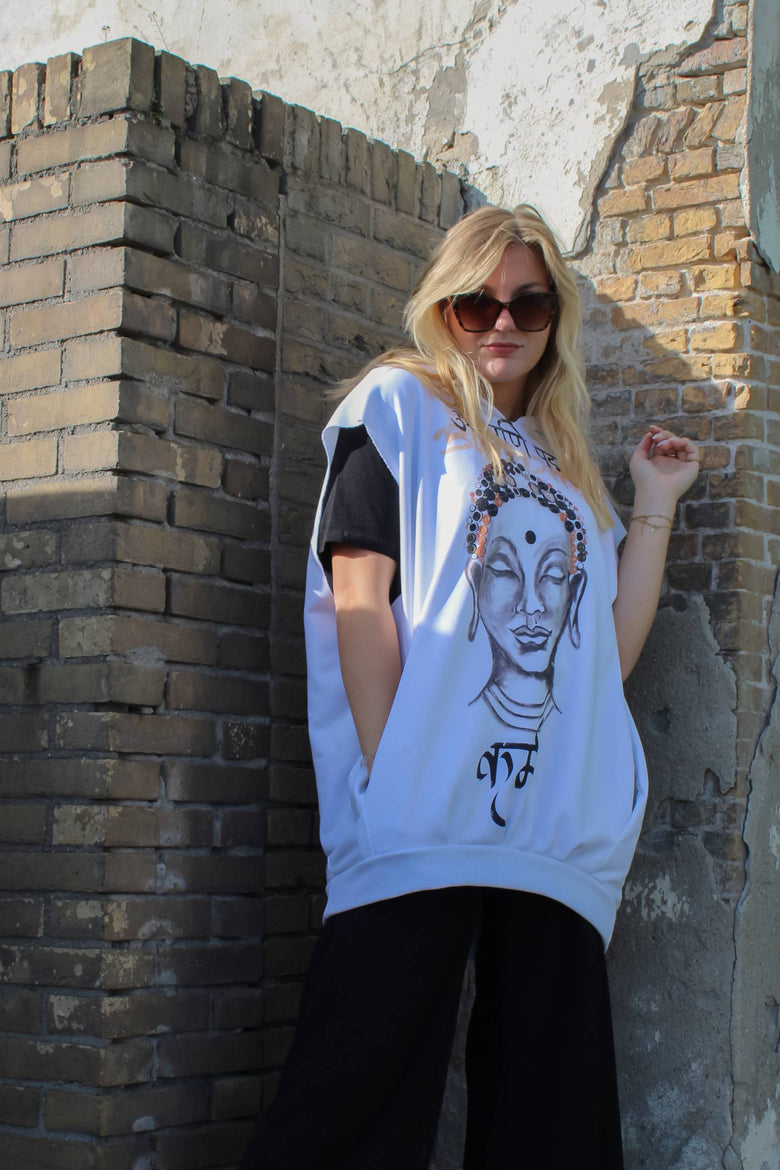 Front view of Sleeveless Buddha Hoodie with art-inspired design.