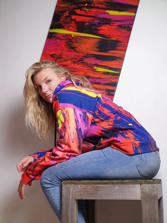 Vibrant Abstract Volcano Print Hoodie - Dynamic Swirls of Red and Blue!