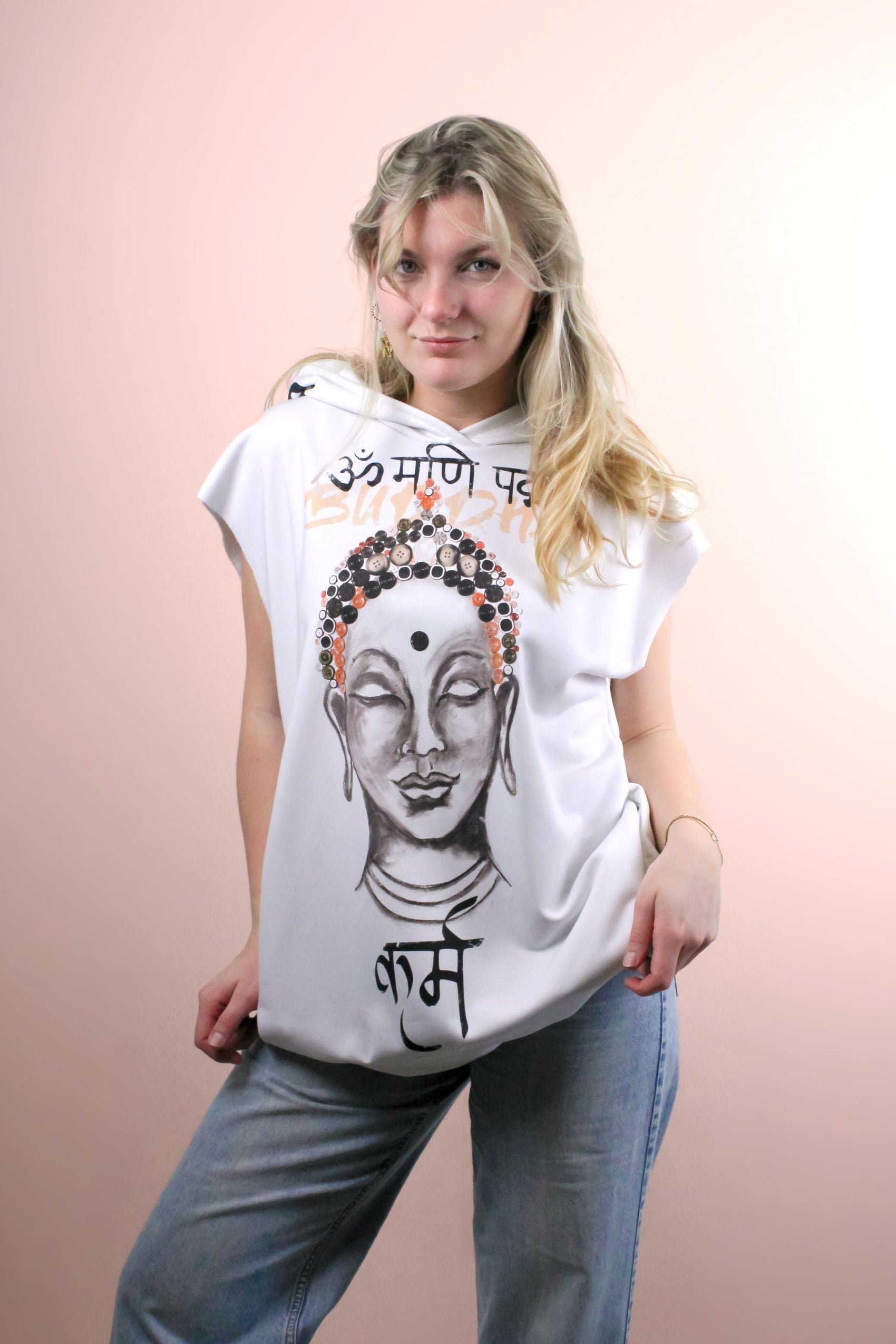 Model showcasing Oversized Fit Buddha Hoodie with intentional rough finish on armholes