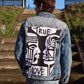 Custom graphic jacket with a bold face design and zwart-wit contrast, perfect as wearable art.