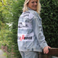 Customized oversized denim jacket with large soft panels on the back, offering a cool, artistic twist