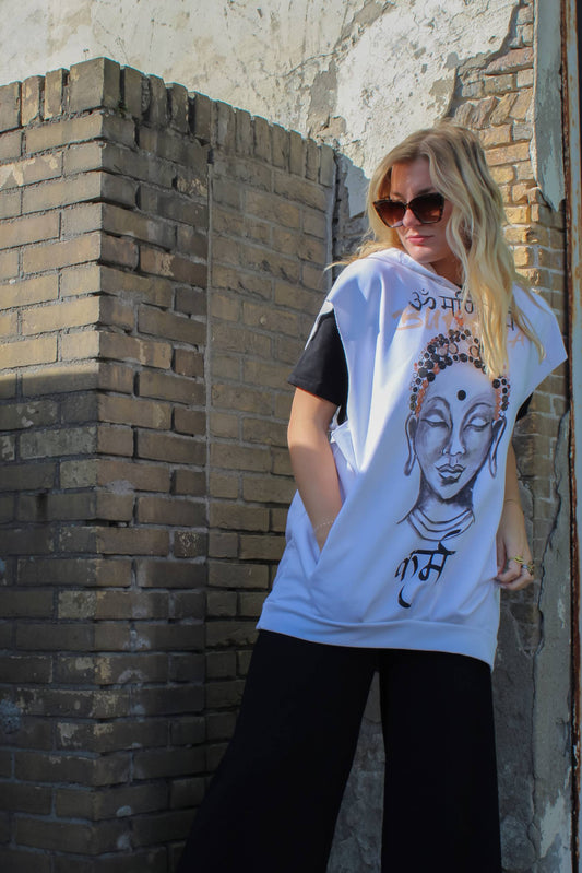 Front view of Buddha Hoodie with striking black and white color scheme in lifestyle image.
