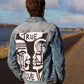 Customized denim jacket with a zwart-wit contrast graphic, making it a versatile and artistic choice.