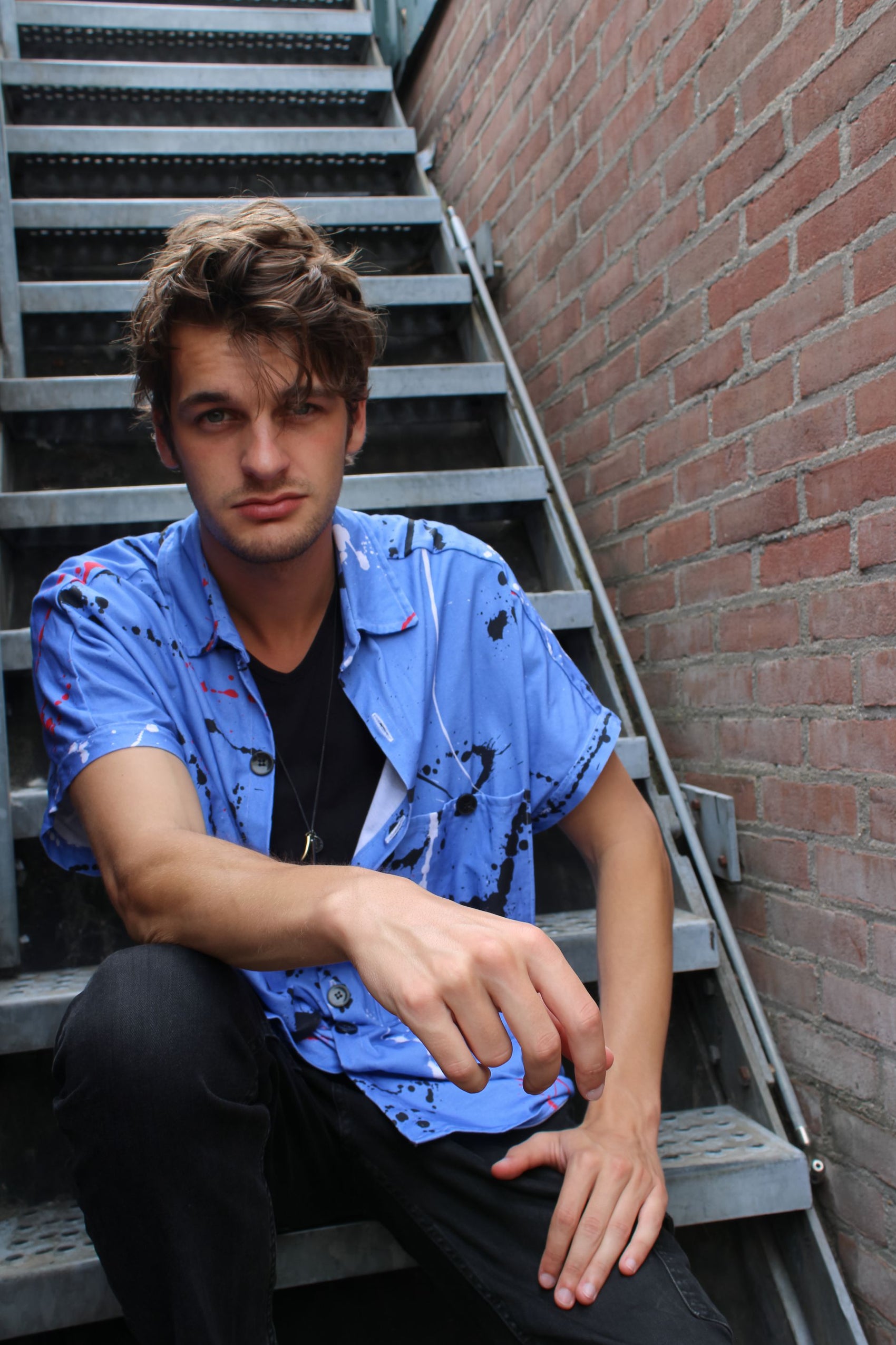 Vista Oversized Buttonup Shirt with Artistic Paint Splatters on Vista Blue Background