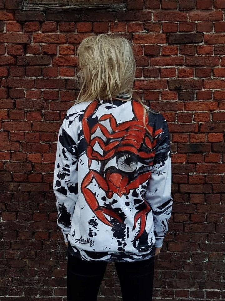 black and white jacket or coat with a big red scorpion on the back by Aphellos brand