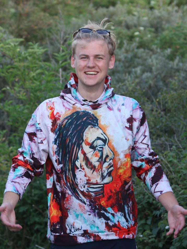 Colourful warrior men's pullover hoodie with cotton feel and fleece inside based on art