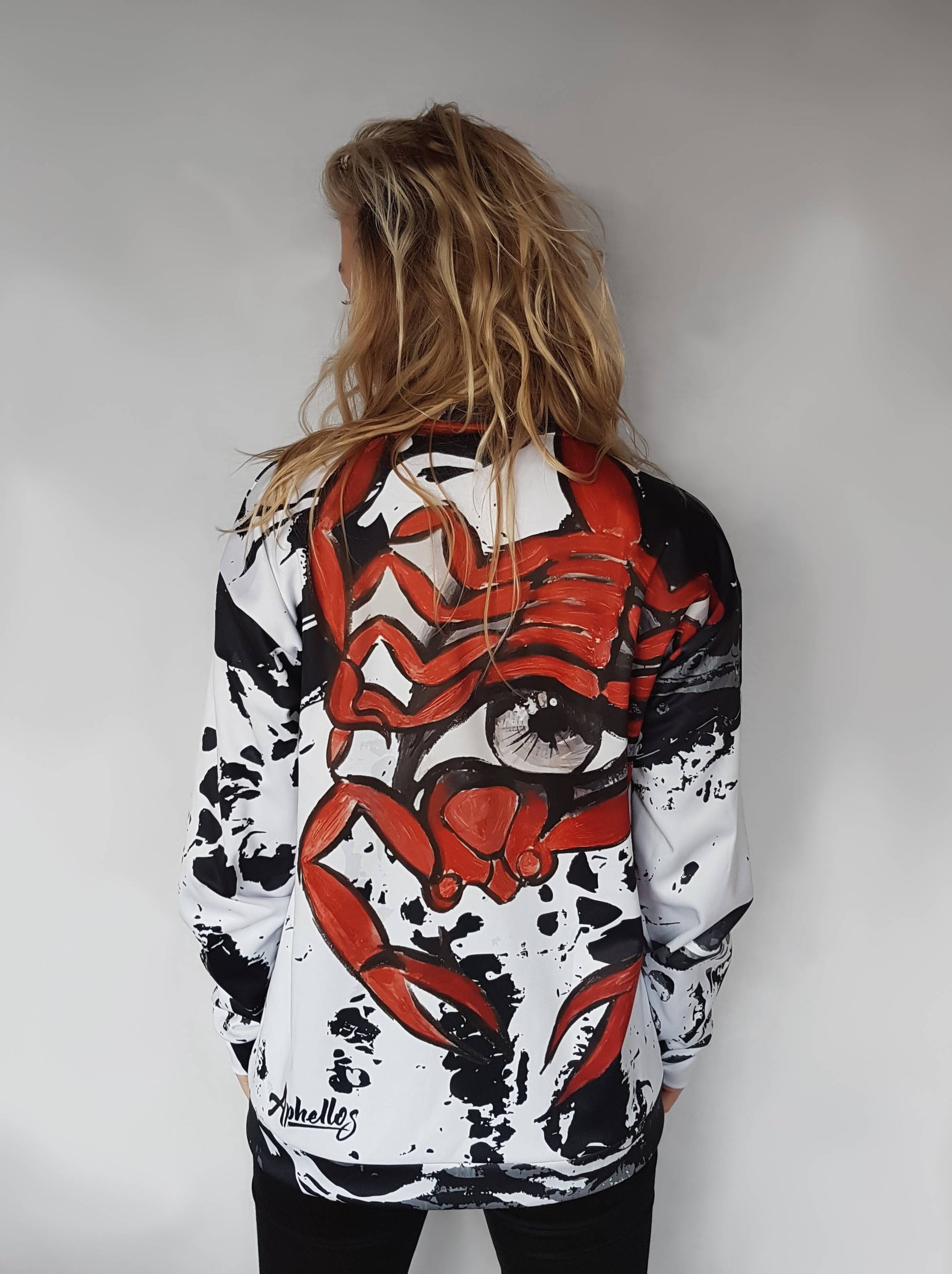 this cool jacket has the image of a giant scorpion on the back and a pretty woman on the front based on art by dutch artist Kim Vermeulen