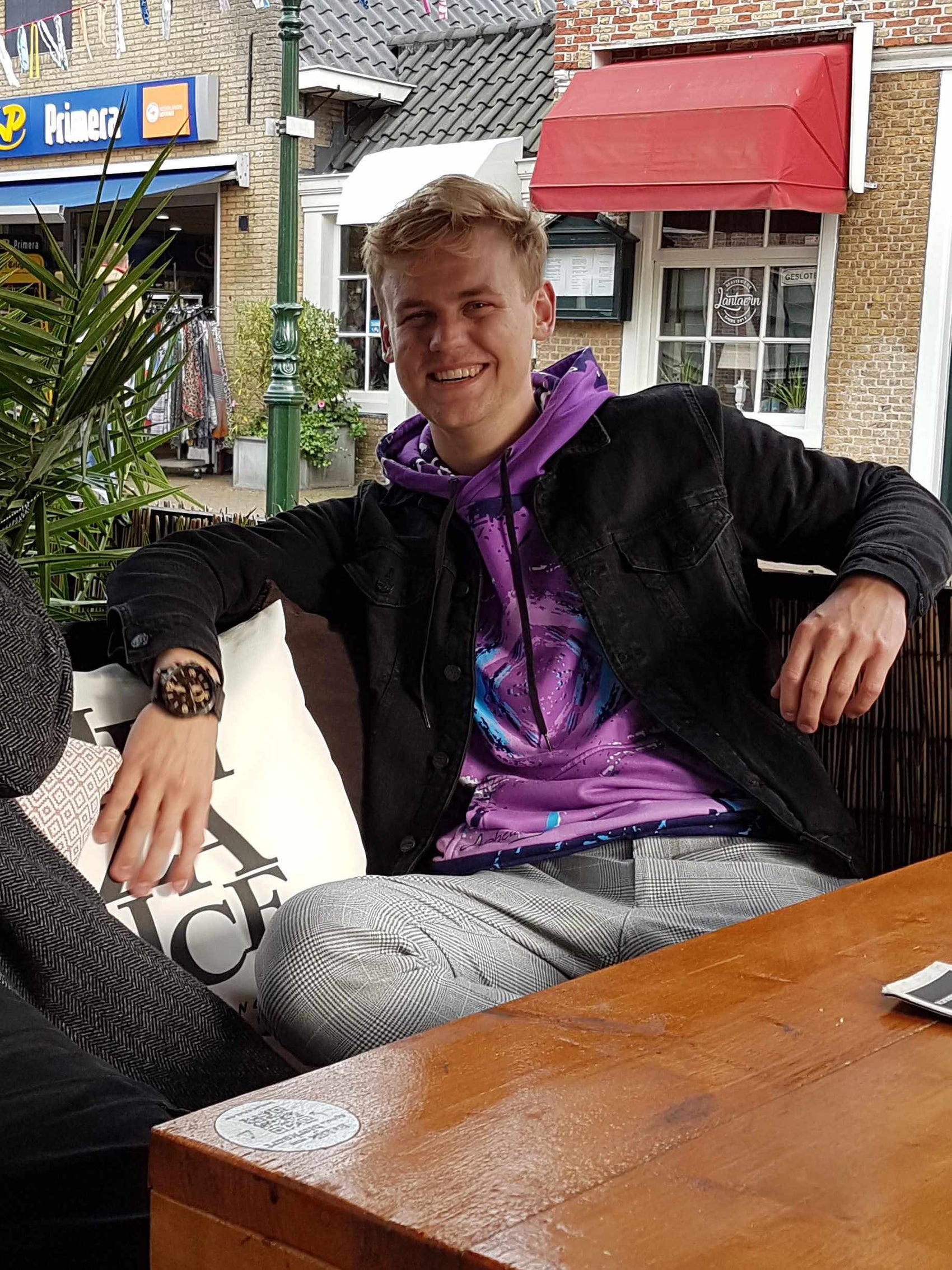 relaxed purple arcade style hooded sweater for guys